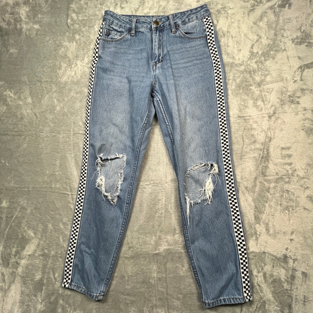 Empyre Eileen Mom Jeans Women Blue Light Wash Checkered Stripe Distressed High 3